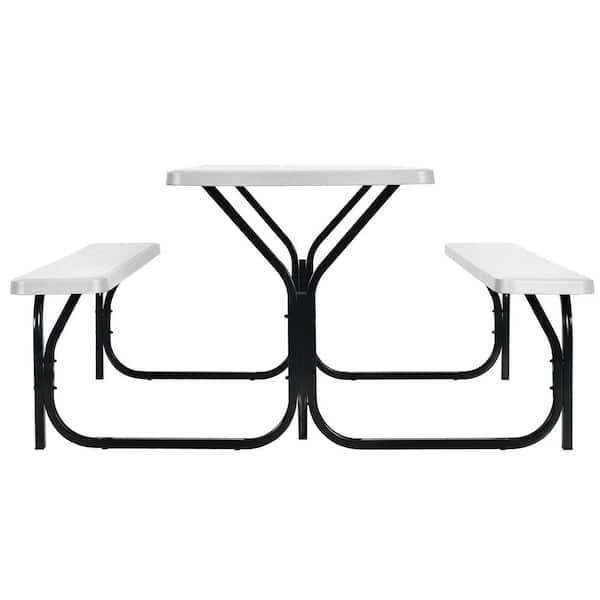 Gymax 59 in. White Rectangle Stainless Iron Picnic Table Seats 4-People Camping Picnic Bench Set