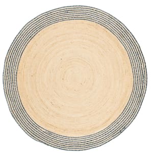 Cape Cod Ivory/Blue 7 ft. x 7 ft. Striped Border Solid Color Round Area Rug