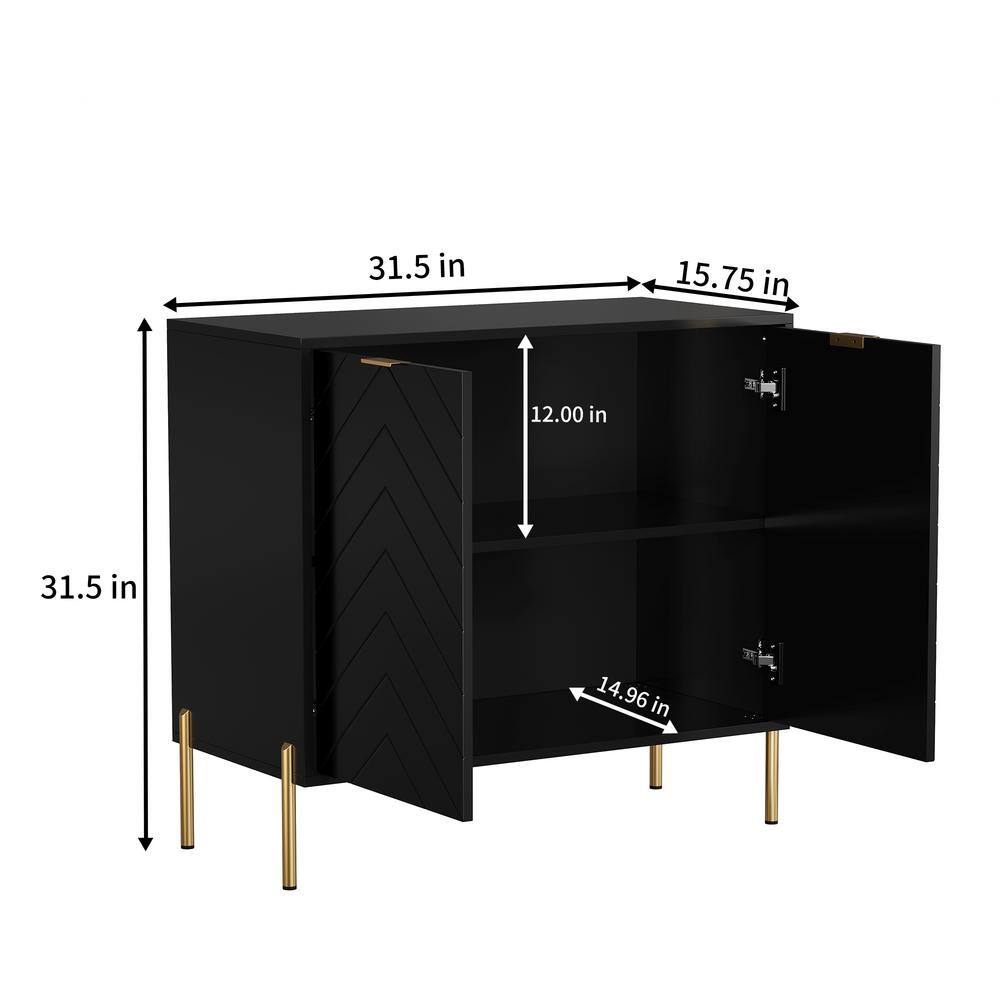 Black Chevron Pattern 2-Door Media Accent Cabinet with Gold Legs