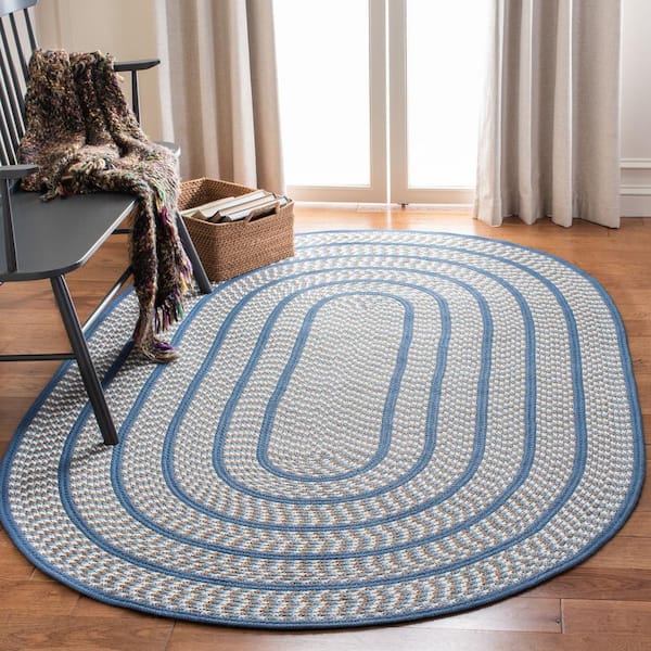 Braided Ivory/Blue 6 ft. x 9 ft. Oval Border Area Rug