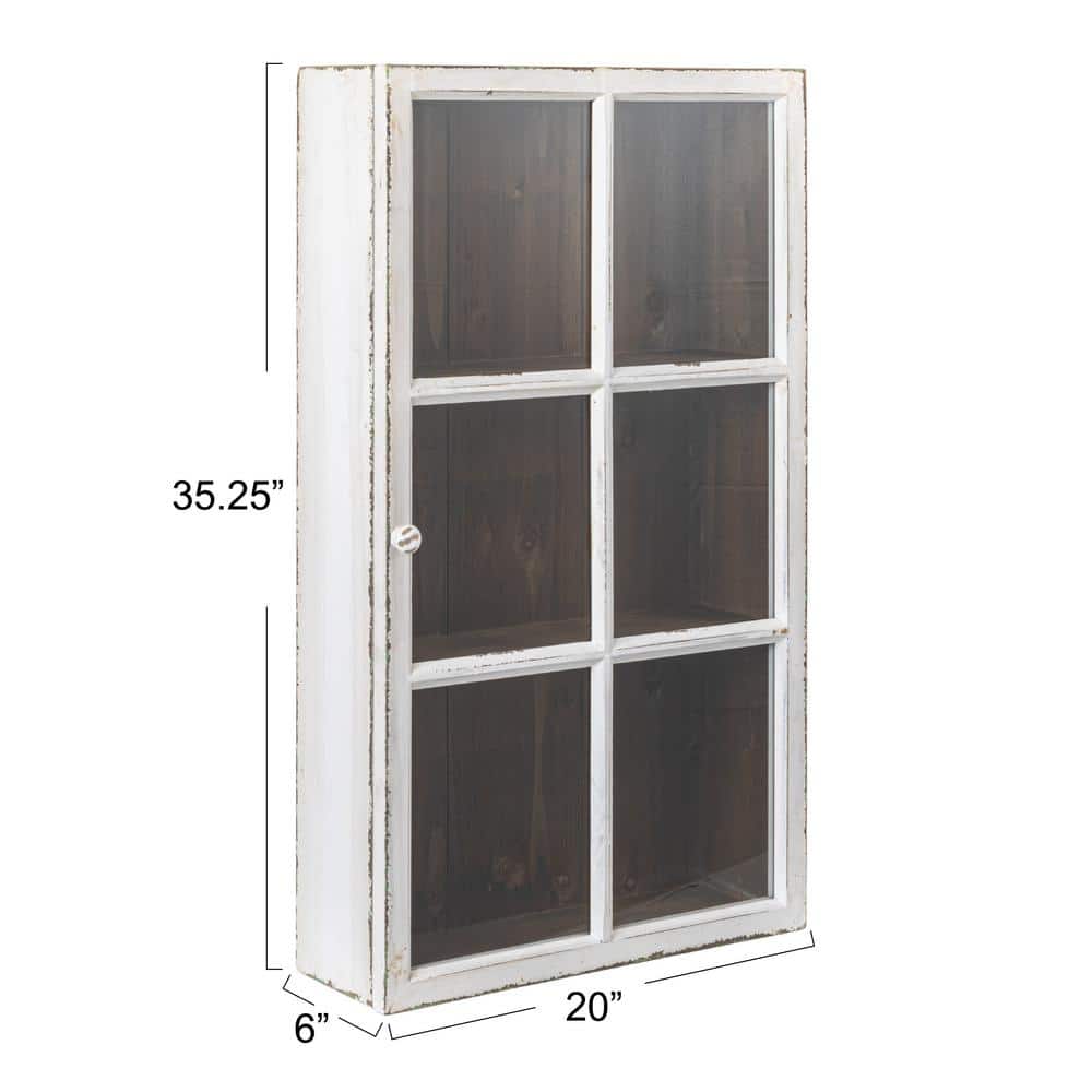 Antique White Distressed Wood Wall Cabinet with Glass Door and Shelves