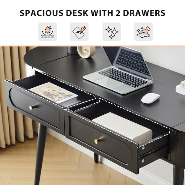 ATHMILE 19.69 in. Arc-Shaped Black MDF 2-Drawer Desk with Storage