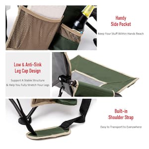 Green Metal Patio Folding Beach Chair Lawn Chair Outdoor Camping Chair with Side Pockets and Built-in Shoulder Strap