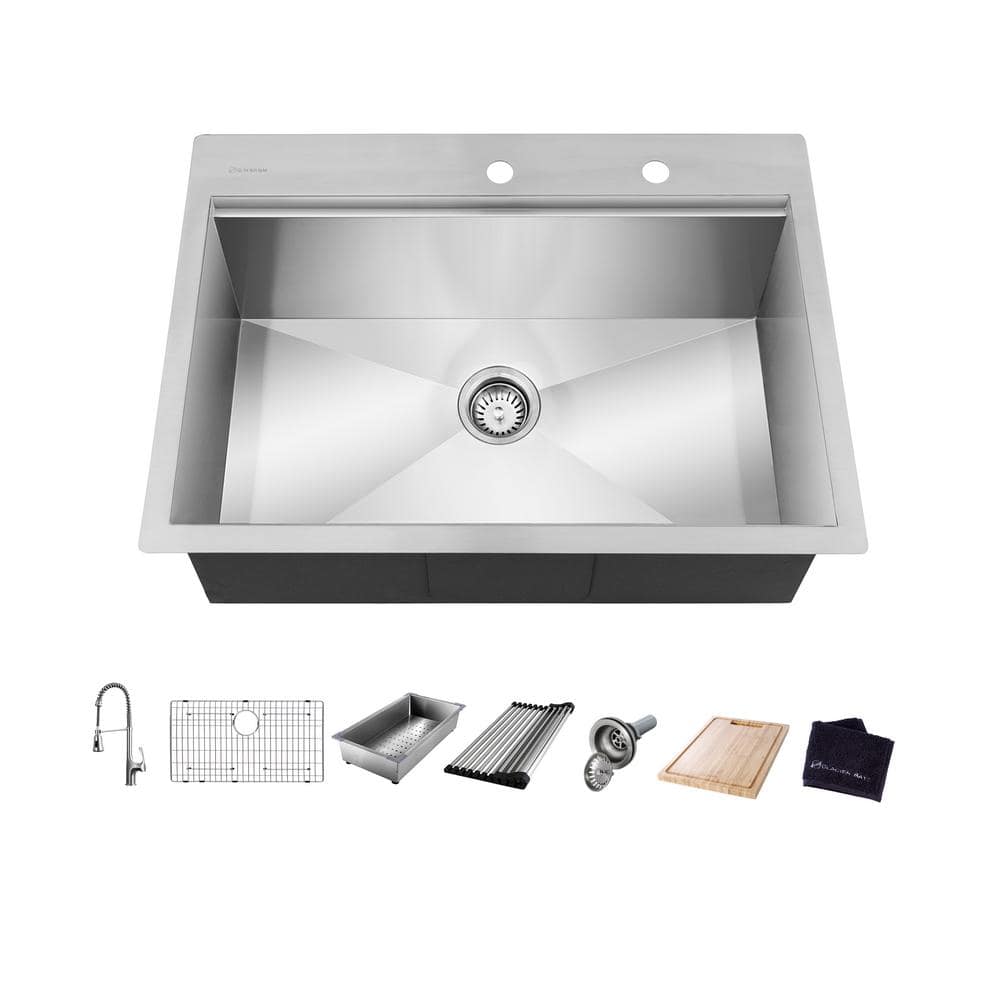 Glacier Bay AIO Zero Radius Drop-in 18G Stainless Steel 27 in. 2-Hole Single Bowl Workstation Kitchen Sink with Spring Neck Faucet, Silver