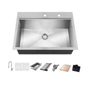 Zero Radius 27 in. Drop-In Single Bowl 18 Gauge Stainless Steel Workstation Kitchen Sink with Spring Neck Faucet