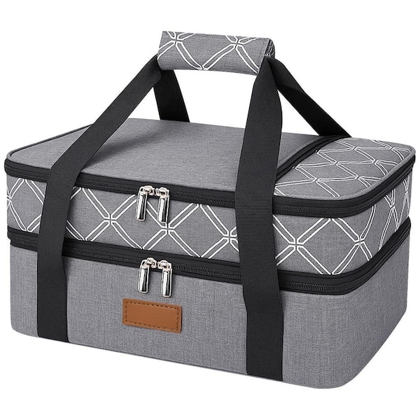 Expandable Double-Decker Gray Casserole Carrier Set Insulated Food Tote with Leak-Proof Lining and Pocket