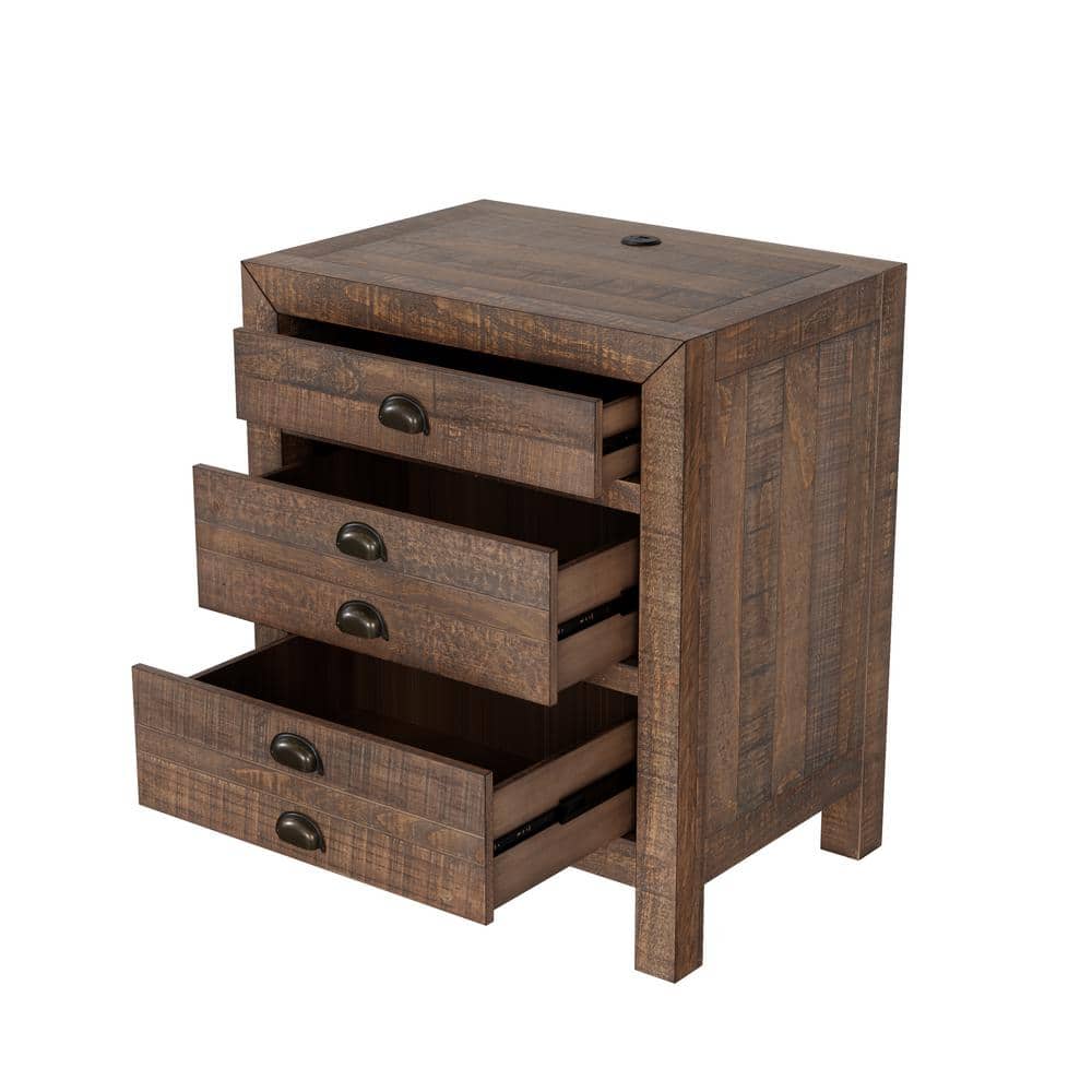Rustic Brown Solid Pine Wood 3-Drawer Nightstand with Cup Pulls