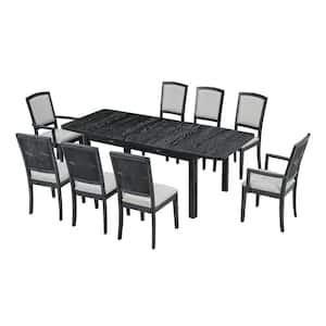 Rustic 9-Piece Black Extendable Rectangle Wood Top Dining Set with 24 in. Removable Leaf and 8-Upholstered Chairs