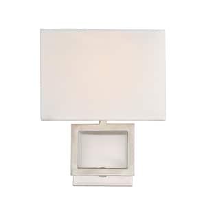 Meridian 8 in. W x 10.5 in. H 1-Light Brushed Nickel Wall Sconce with White Fabric Shade
