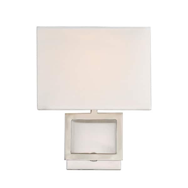 TUXEDO PARK LIGHTING 8 in. W x 10.5 in. H 1-Light Brushed Nickel Wall Sconce with White Fabric Shade