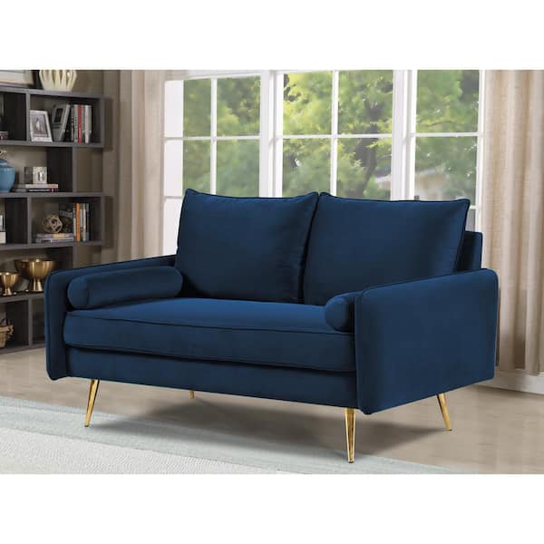 US Pride Furniture Villeda 58 in. Dark Blue Solid Velvet 2-Seater Loveseat with Metal Feet