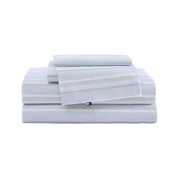 Sailing Stripe 4-Piece White/Dark Kentucky Blue Percale Cotton Full Sheet Set