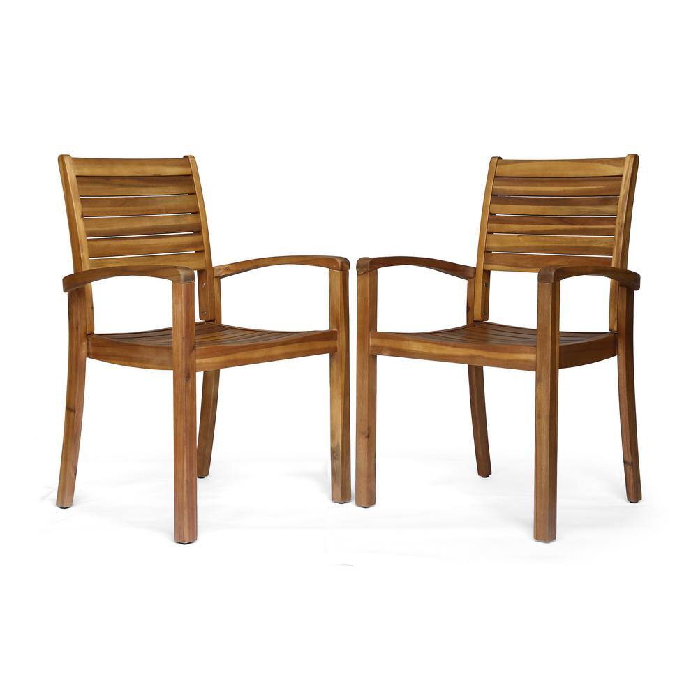 Farmhouse Teak Brown Acacia Wood Dining Chairs, Set of 2