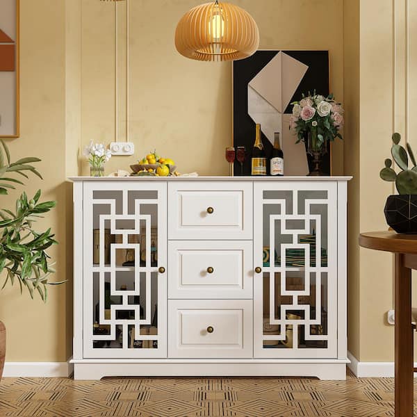 FUFU&GAGA White Wooden Wine Cabinet, Food Pantry, Sideboard, Storage Cabinet, with 2 Cabinets, Shelves And Drawers