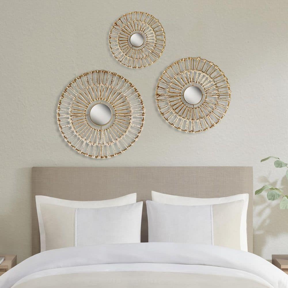 Gold Corn Husk Wrapped Round Decorative Mirror Set