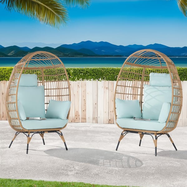 BFB 2 -Pieces Outdoor Oversized Brown Rattan Egg Chair Indoor Outdoor Chair