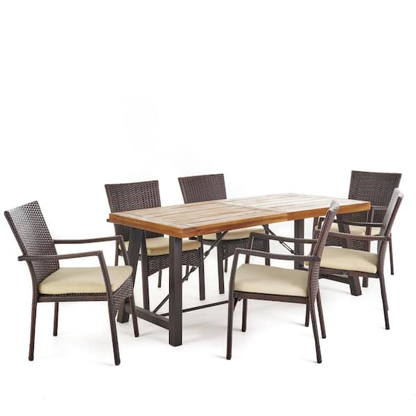 7-Piece Faux Rattan, Wood and Iron Rectangular Outdoor Patio Dining Set with Cream Cushion