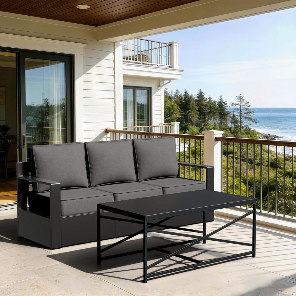 Patio Outdoor 3-Seats Black Aluminum Sofa, Metal Outdoor Couch with Gray Cushion, Coffee Table price history on PriceWatchPro