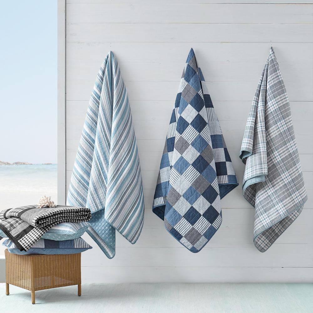 Coveside Blue Striped Cotton Twin Quilt Set
