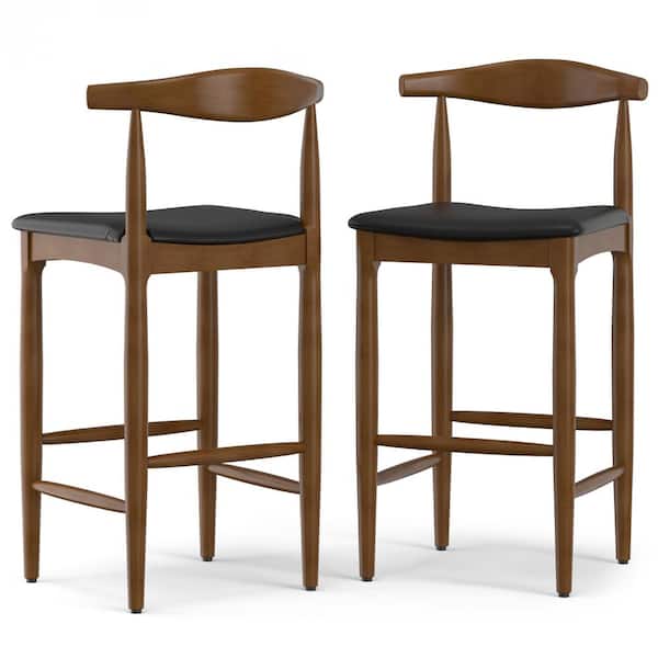 Simpli Home Molly Mid Century Modern 29 in. Wood Bar Stool in Black Vegan Faux Leather, Fully Assembled