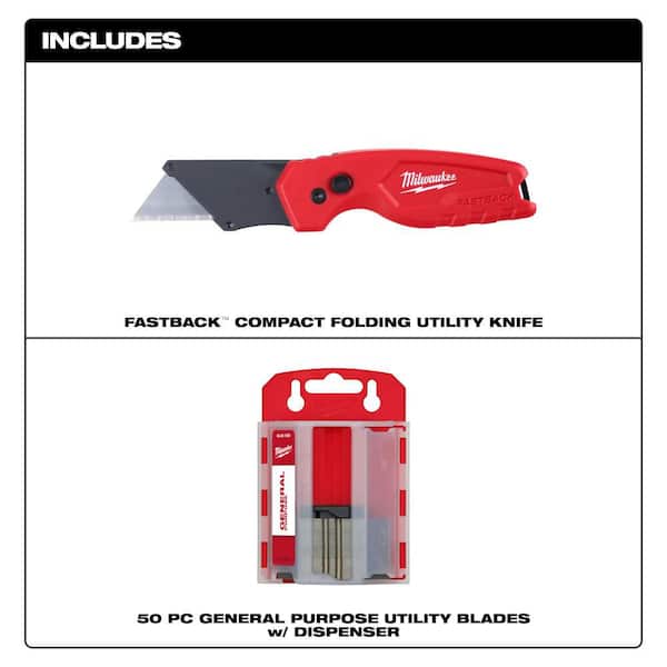 50PC General Purpose Utility Blades w/ Dispenser and FASTBACK Compact Folding Utility Knife
