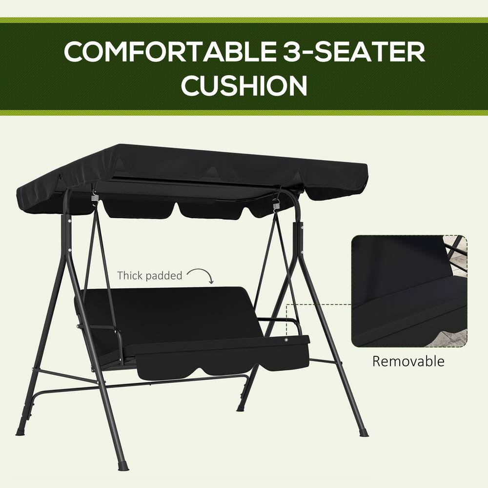 Black Steel Frame 3-Person Outdoor Patio Swing with Adjustable Canopy