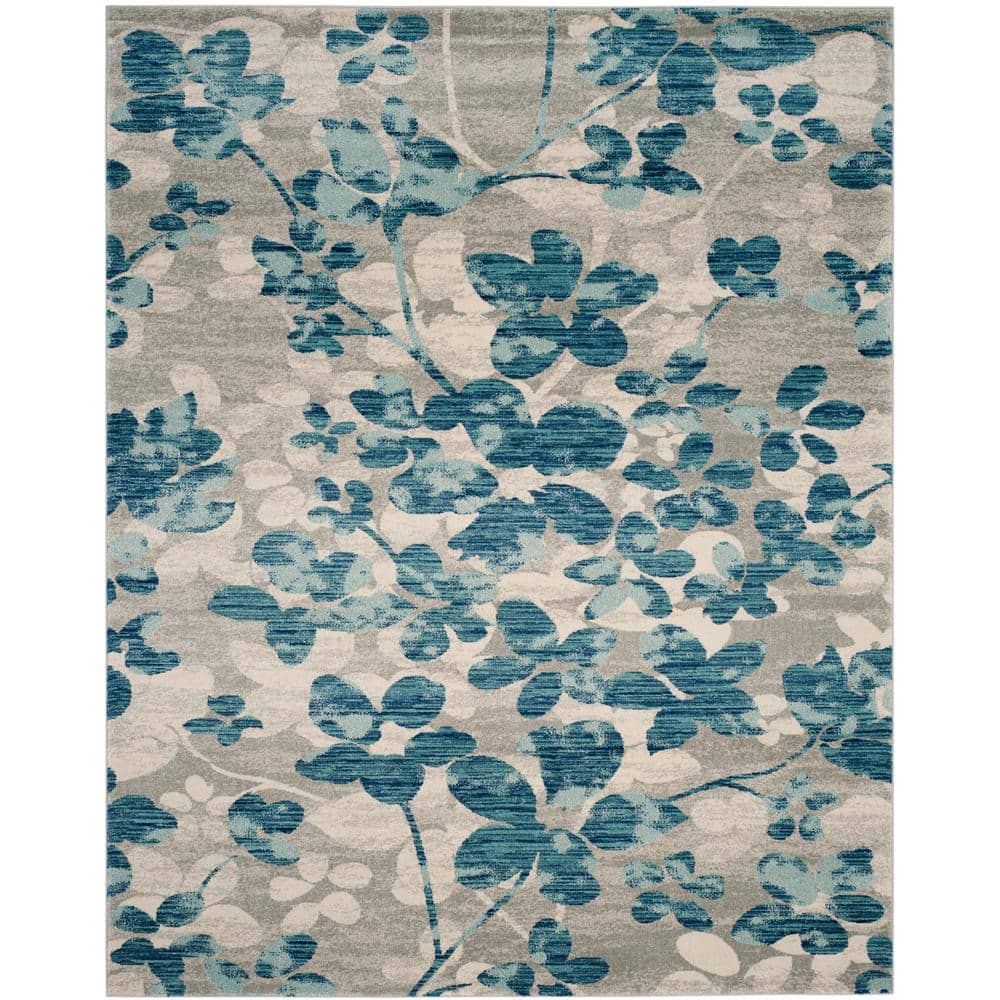 Elegant Gray Floral 9' x 12' Synthetic Easy-Care Area Rug
