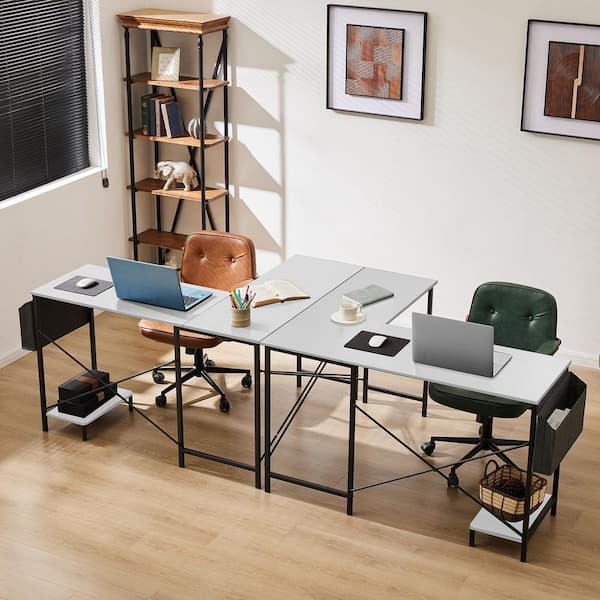 WONDER COMFORT Modern 50 in. L Shaped White Wood Reversible Computer Desk Corner PC Gaming Table with Side Storage Bag and Shelf