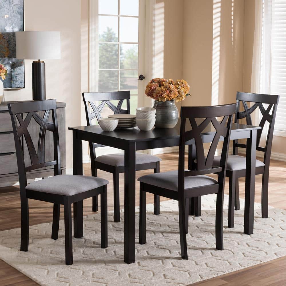 Sylvia 5-Piece Grey Fabric and Dark Brown Wood Dining Set