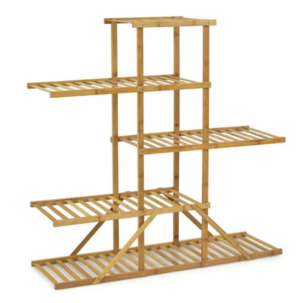 Alpulon Indoor/Outdoor Natural Wood Plant Stand 10 Potted Plant Shelf Display Holder (5-Tier)
