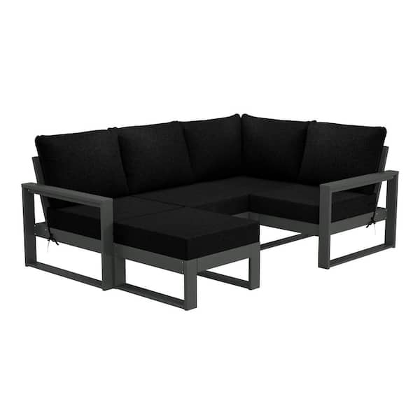 Endless Gray Frame with Black Cushions Outdoor 5-Piece All Weather Plastic Deep Seating Patio Conversation Set Ottoman