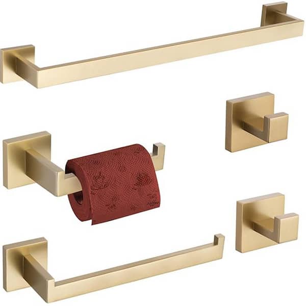 5-Piece Wall Mount Stainless Steel Bathroom Towel Rack Set in Brushed Gold