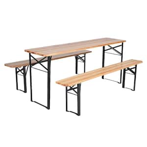 3 Pieces Fir Wood Outdoor Dining Table Bench Set with Two Benches and Metal Frame
