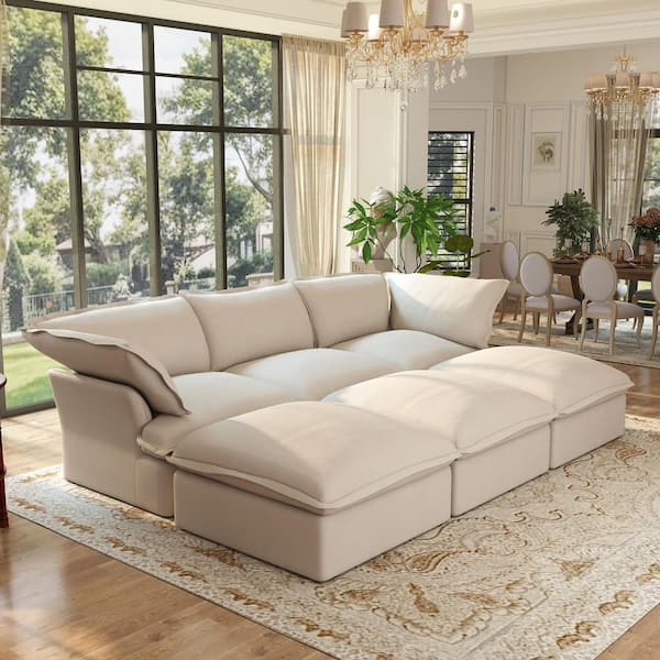 Cloud 123 in. Flared Arm 6-piece Down Filled Linen Modular Sectional Sofa Bed with Washable Cover 3 Ottomans in. Beige