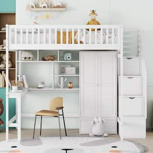 Full Size Loft Bed with Bookshelf, Drawers, Desk, and Wardrobe-White