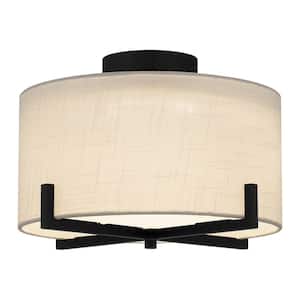 13.5 in. Matte Black Integrated LED Flush Mount with White Fabric Shade