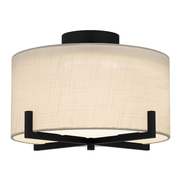 SMRTLite by NBG HOME 13.5 in. Matte Black Integrated LED Flush Mount with White Fabric Shade