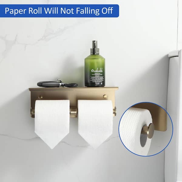 Wall Mounted Stainless Steel Toilet Paper Holder with Shelf in Gold, Double Head Toilet Tissue Roll Holder for Bathroom