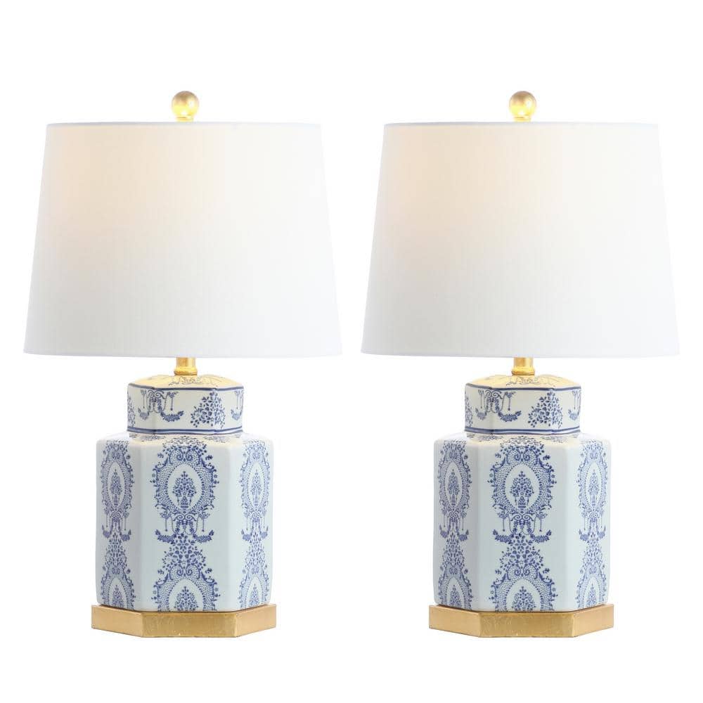 Bodin Blue and White Ceramic Table Lamp Set with Gold Leaf Finish