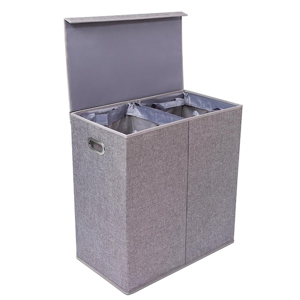 BirdRock Home Grey Double Linen Laundry Hamper with Lid and Removable Liners