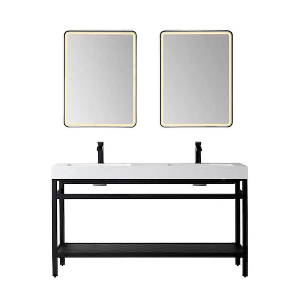 ROSWELL Ablitas 60 in. W x 20 in. D x 34 in. H Double Sink Bath Vanity in Matt Black with White Composite Stone Top and Mirror