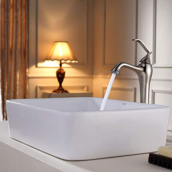 KRAUS Elavo 18.8 in. Rectangular Vessel Bathroom Sink in White Vitreous China with Pop Up Drain in Satin Nickel