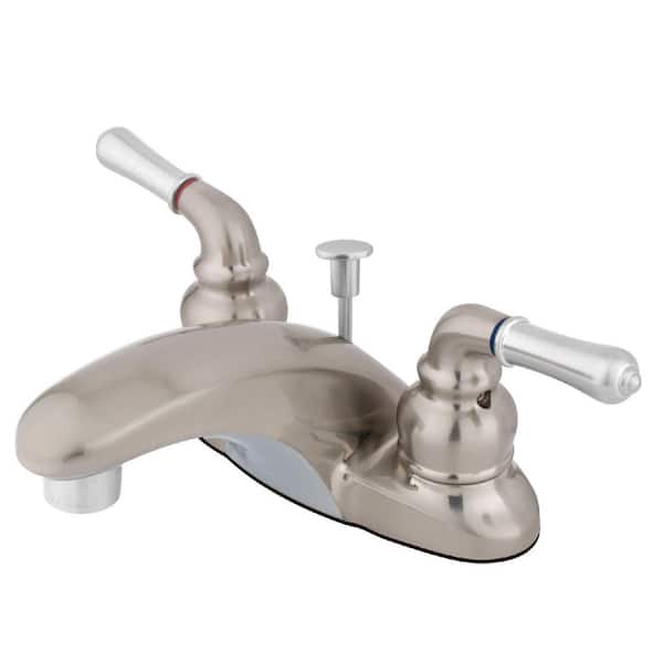 Kingston Brass Magellan 4 in. Centerset 2-Handle Bathroom Faucet with Plastic Pop-Up in Brushed Nickel/Polished Chrome