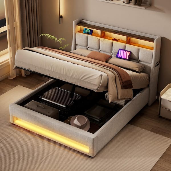 Harper & Bright Designs Natural(Beige) Wood Frame Full Linen Platform Bed with LED Lights, Hydraulic Storage, USB Charging, Storage Headboard