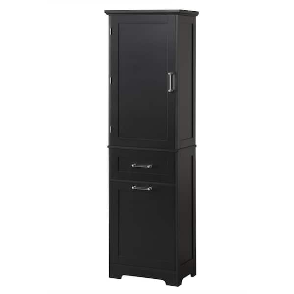 OLUMAT 20 in. W x 13.5 in. D x 68.4 in. H Black Linen Cabinet with 2-Different Size Drawers and Adjustable Shelf