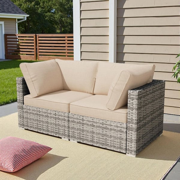 RusticRetreat 2 Pieces Wicker Outdoor Patio Conversation Corner Sofa Set with Beige Cushions