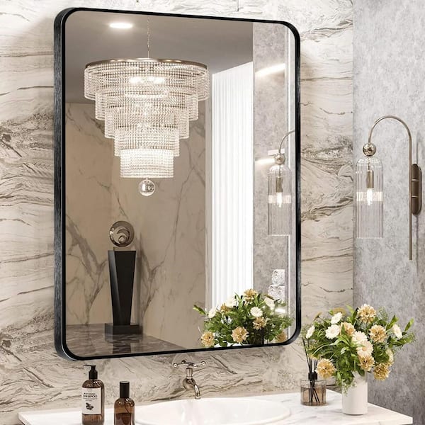 22 in. W x 30. 2 in. H Rectangular Aluminum Frame Square Black Wall Mirror
