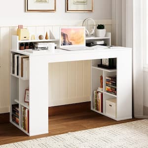 48 in. White Computer Desk Study Writing Workstation with Bookshelf and Monitor Stand Riser