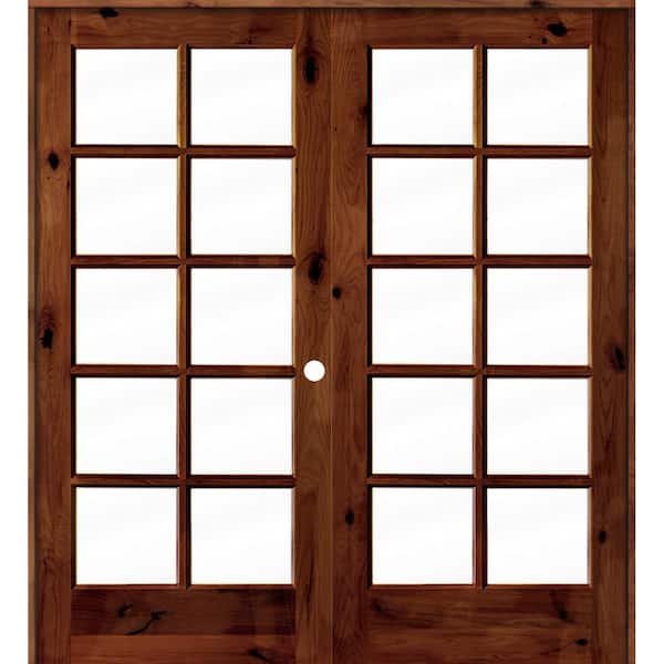 72 in. x 80 in. Knotty Alder Left-Handed 10-Lite Clear Glass Red Chestnut Stain Wood Double Prehung French Door