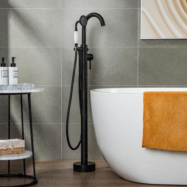 WOODBRIDGE Eureka Single-Handle Freestanding Floor Mount Tub Filler Faucet with Hand Shower in Matte Black